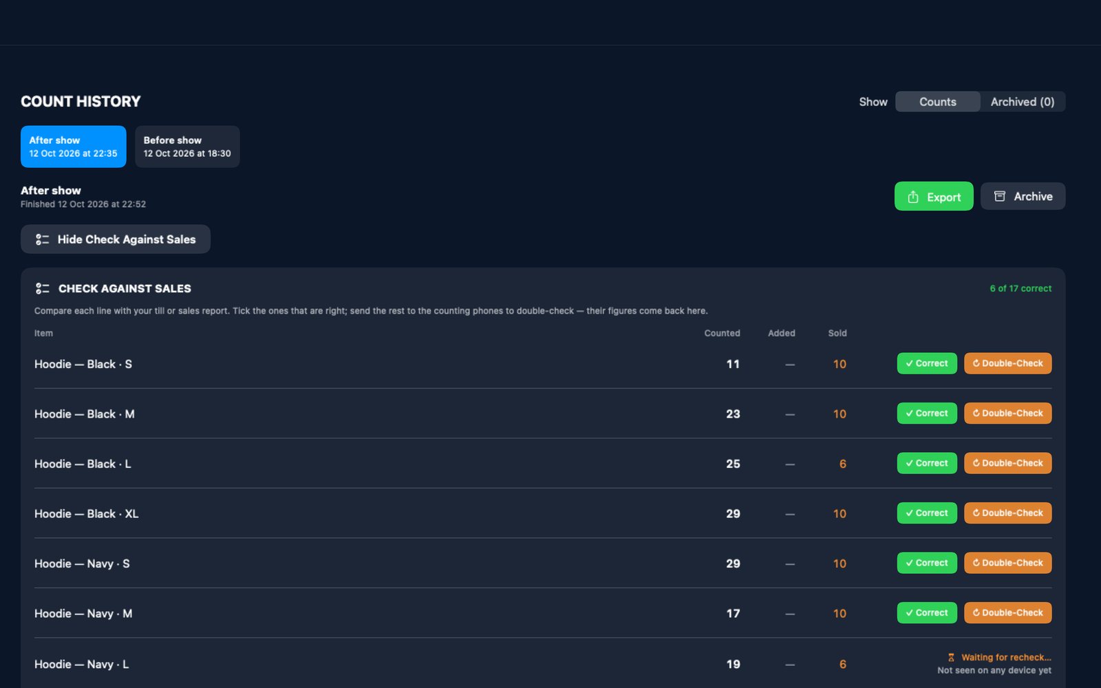 Check Against Sales in Count History on Mac